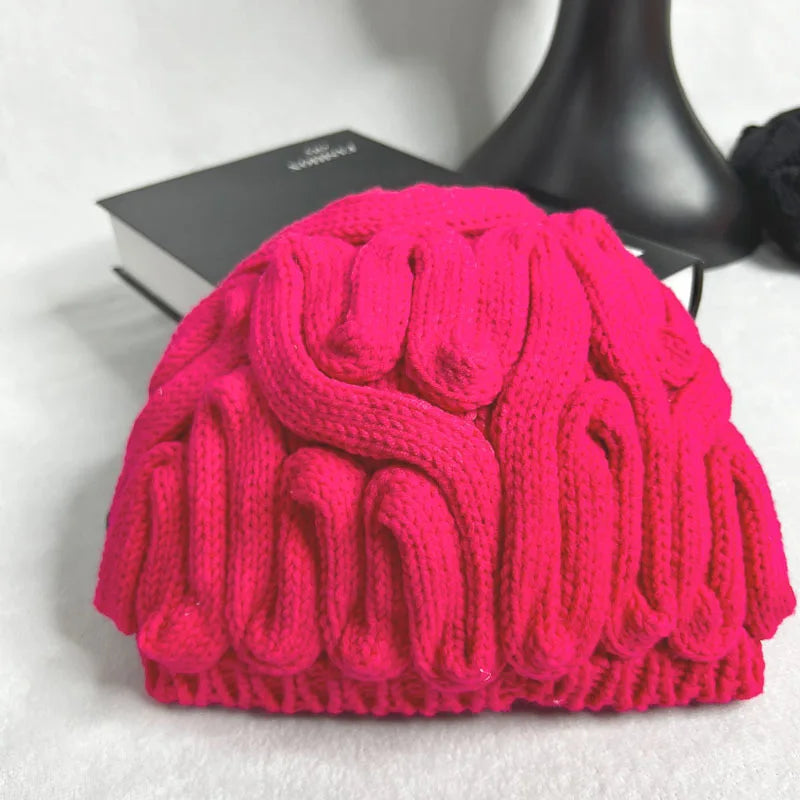 Knitted Hat Warm Pink Brain Flower Funny Brain Hat Strange Handmade Yarn Same Style Love Brain Holiday Gift