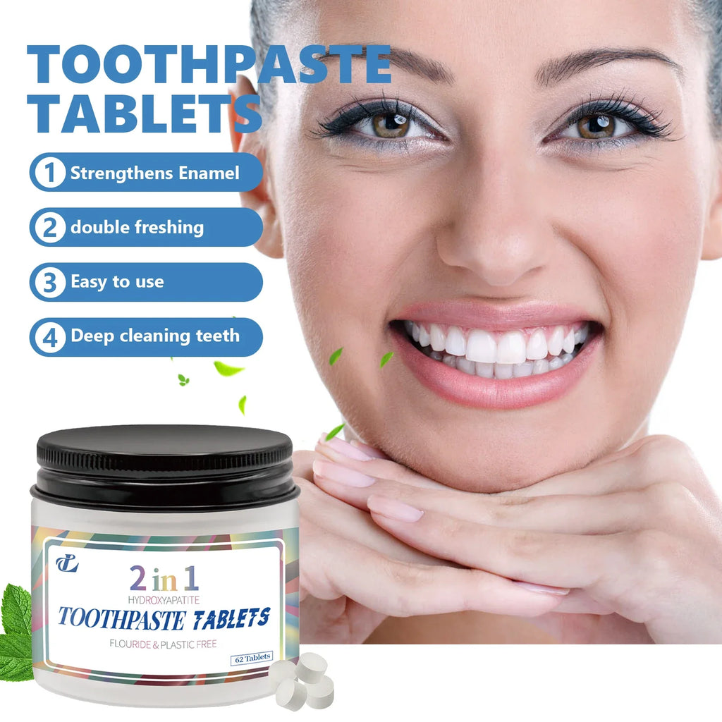Hydroxyapatite Toothpaste Tablets 62 Pcs, Teeth Cleaning Paste Free, Natural Whitening Fresh Breath, Charcoal for Stain Removal