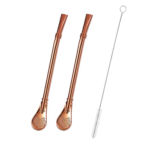2Pcs Yerba Mate Bombilla Stainless Steel Straw Loose Leaf Tea Infuser Dringking Spoons Filter Stirring Straws W Cleaning Brush