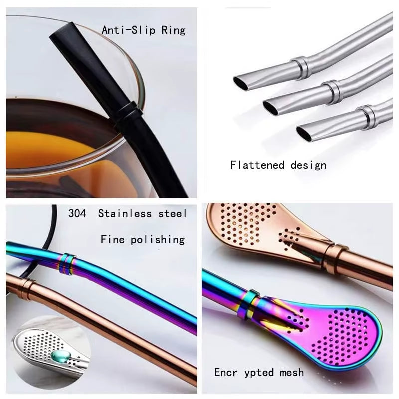 2Pcs Yerba Mate Bombilla Stainless Steel Straw Loose Leaf Tea Infuser Dringking Spoons Filter Stirring Straws W Cleaning Brush