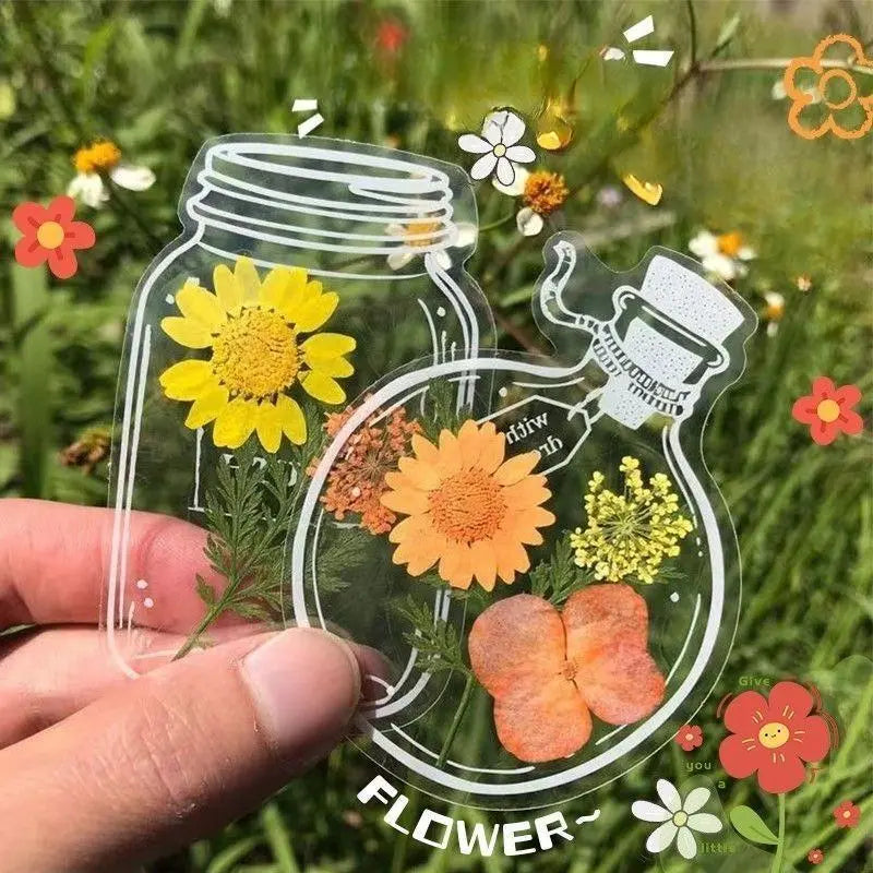 Transparent Dried Flower Bookmark DIY Craft Kit for Children, Cartoon Pressed Flowers, Plants, Leaves, Sticky Notes, Autumn
