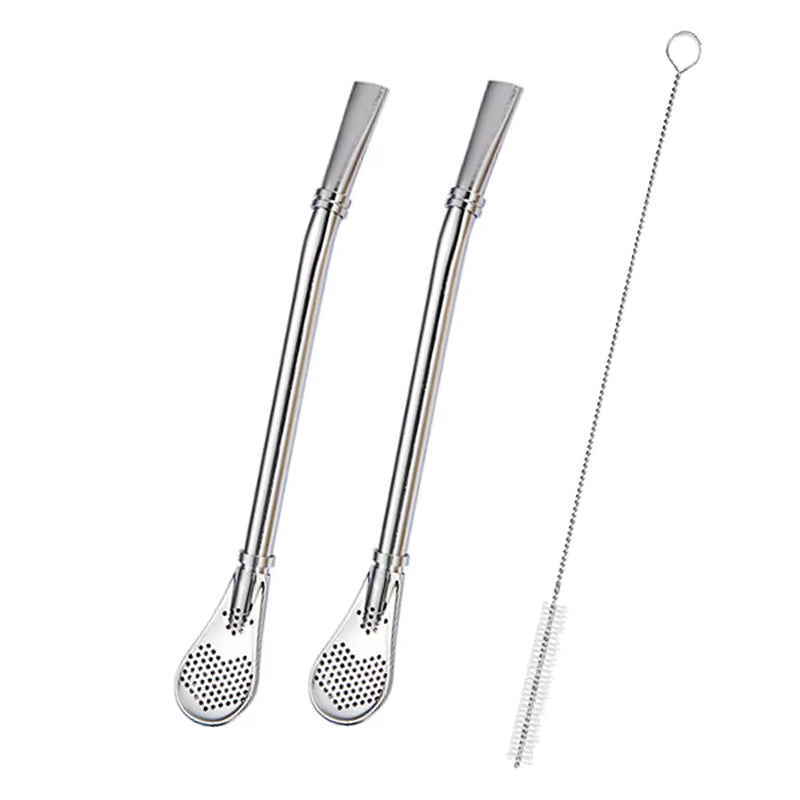 2Pcs Yerba Mate Bombilla Stainless Steel Straw Loose Leaf Tea Infuser Dringking Spoons Filter Stirring Straws W Cleaning Brush